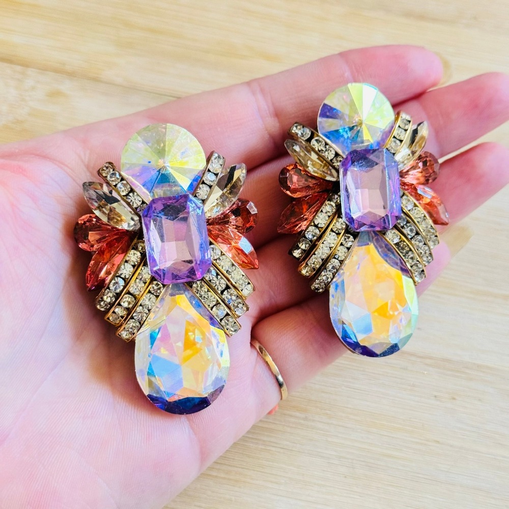 VTG Designs By SD Heart Earrings Austrian Crystal rhinestone Clip Iridescent 80s - Picture 5 of 6